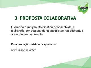 3. PROPOSTA COLABORATIVA 
O Araribá é um projeto didático desenvolvido e 
elaborado por equipes de especialistas de diferentes 
áreas do conhecimento. 
Essa produção colaborativa promove: 
DIVERSIDADE DE VISÕES 
 