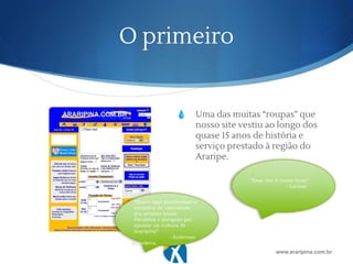 O primeiro
💧 Uma das muitas “roupas” que
nosso site vestiu ao longo dos
quase 15 anos de história e
serviço prestado à região do
Araripe.
www.araripina.com.br
“Quero aqui parabenizar a
iniciativa de valorização
dos artistas locais.
Parabéns e obrigado por
apostar na cultura de
Araripina”.
- Anderson
Bandeira.
“Esse site é muito bom!”.
- Larissa
 