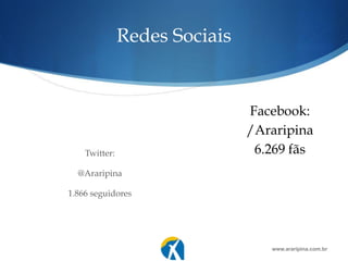 Redes Sociais
Twitter:
@Araripina
1.866 seguidores
Facebook:
/Araripina
6.269 fãs
www.araripina.com.br
 