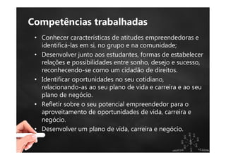 Competências trabalhadas
• Conhecer características de atitudes empreendedoras e
identificá-las em si, no grupo e na comunidade;
• Desenvolver junto aos estudantes, formas de estabelecer
relações e possibilidades entre sonho, desejo e sucesso,
reconhecendo-se como um cidadão de direitos.
• Identificar oportunidades no seu cotidiano,
relacionando-as ao seu plano de vida e carreira e ao seu
plano de negócio.
• Refletir sobre o seu potencial empreendedor para o
aproveitamento de oportunidades de vida, carreira e
negócio.
• Desenvolver um plano de vida, carreira e negócio.
 