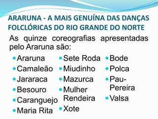 ARARUNA - A MAIS GENUÍNA DAS DANÇAS 
FOLCLÓRICAS DO RIO GRANDE DO NORTE 
As quinze coreografias apresentadas 
pelo Araruna são: 
Araruna 
Camaleão 
Jararaca 
Besouro 
Caranguejo 
Maria Rita 
Sete Roda 
Miudinho 
Mazurca 
Mulher 
Rendeira 
Xote 
Bode 
Polca 
Pau- 
Pereira 
Valsa 
 