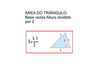 ÁREA DO TRIÂNGULO: Base vezes Altura dividido por 2 
