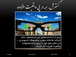 ‫ازفوده‬ ‫ت‬‫ی‬‫قع‬‫وا‬‫ی‬‫پ‬‫رد‬‫ه‬‫هم‬،‫رش‬‫ت‬‫گس‬
23‫افزوده‬ ‫واقعیت‬‫پوردامغانی‬ ‫آرش‬‫بهار‬1395
‫سایر‬ ،‫محصول‬ ‫دو‬ ‫این‬ ‫معرفی‬ ‫و‬ ‫ارائه‬ ‫از‬ ‫پس‬
،‫سونی‬ ‫مانند‬ ‫ها‬ ‫شرکت‬‫سامسومگ‬،‫ایسوس‬‫و‬...
‫محصوالت‬ ‫ارائه‬ ‫برای‬ ‫را‬ ‫خود‬ ‫های‬ ‫تالش‬ ‫نیز‬
‫کردند‬ ‫آغاز‬ ‫افزوده‬ ‫واقعیت‬.
 