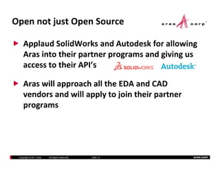OpennotjustOpenSource

     ApplaudSolidWorksandAutodeskforallowing
     Arasintotheirpartnerprogramsandgivingus
     A i t th i         t               d i i
     accesstotheirAPI’s

     AraswillapproachalltheEDAandCAD
     vendorsandwillapplytojointheirpartner
     vendors and will apply to join their partner
     programs




 Copyright © 2011 Aras   All Rights Reserved.   ݺߣ 13   aras.com
 