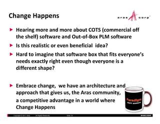 ChangeHappens
    HearingmoreandmoreaboutCOTS(commercialoff
    theshelf)softwareandOut‐of‐BoxPLMsoftware
             )
    Isthisrealisticorevenbeneficialidea?
    Hardtoimaginethatsoftwareboxthatfitseveryone s
    Hard to imagine that software box that fits everyone’s
    needsexactlyrighteventhougheveryoneisa
    d e e t s ape?
    differentshape?


    Embracechange,wehaveanarchitectureand
    Embrace change we have an architecture and
    approachthatgivesus,theArascommunity,
    acompetitiveadvantageinaworldwhere
    a competitive advantage in a world where
    ChangeHappens
 Copyright © 2011 Aras   All Rights Reserved.   ݺߣ 18   aras.com
 