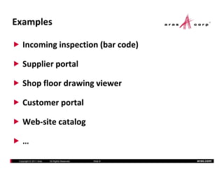Examples

    Incoming inspection (bar code)

    Supplier portal

    Shop floor drawing viewer

    Customer portal 

    Web‐site catalog
    W b i        l

    … 

 Copyright © 2011 Aras   All Rights Reserved.   Slide 8   aras.com
 