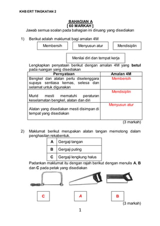 KHB ERT TINGKATAN 2
1
BAHAGIAN A
[ 60 MARKAH ]
Jawab semua soalan pada bahagian ini diruang yang disediakan
1) Berikut adalah maklumat bagi amalan 4M
Membersih Menyusun atur Mendisiplin
Menilai diri dan tempat kerja
Lengkapkan penyataan berikut dengan amalan 4M yang betul
pada ruangan yang disediakan
Pernyataan Amalan 4M
Bengkel dan alatan perlu diselenggara
supaya sentiasa kemas, selesa dan
selamat untuk digunakan
Membersih
Murid mesti mematuhi peraturan
keselamatan bengkel, alatan dan diri
Mendisiplin
Alatan yang disediakan mesti disimpan di
tempat yang disediakan
Menyusun atur
(3 markah)
2) Maklumat berikut merupakan alatan tangan memotong dalam
penghasilan rekabentuk.
A Gergaji tangan
B Gergaji puting
C Gergaji lengkung halus
Padankan maklumat itu dengan rajah berikut dengan menulis A, B
dan C pada petak yang disediakan
C A B
(3 markah)
 