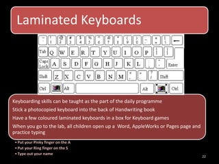 Laminated Keyboards




Keyboarding skills can be taught as the part of the daily programme
Stick a photocopied keyboard into the back of Handwriting book
Have a few coloured laminated keyboards in a box for Keyboard games
When you go to the lab, all children open up a Word, AppleWorks or Pages page and
practice typing
 • Put your Pinky finger on the A
 • Put your Ring finger on the S
 • Type out your name
                                                                                    22
 