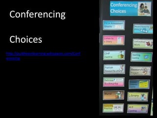 Conferencing

 Choices
http://puttheeinlearning.wikispaces.com/Conf
erencing
 
