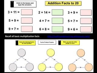 Recall all basic multiplication facts   http://mathsandelearning.wikispaces.com/
 