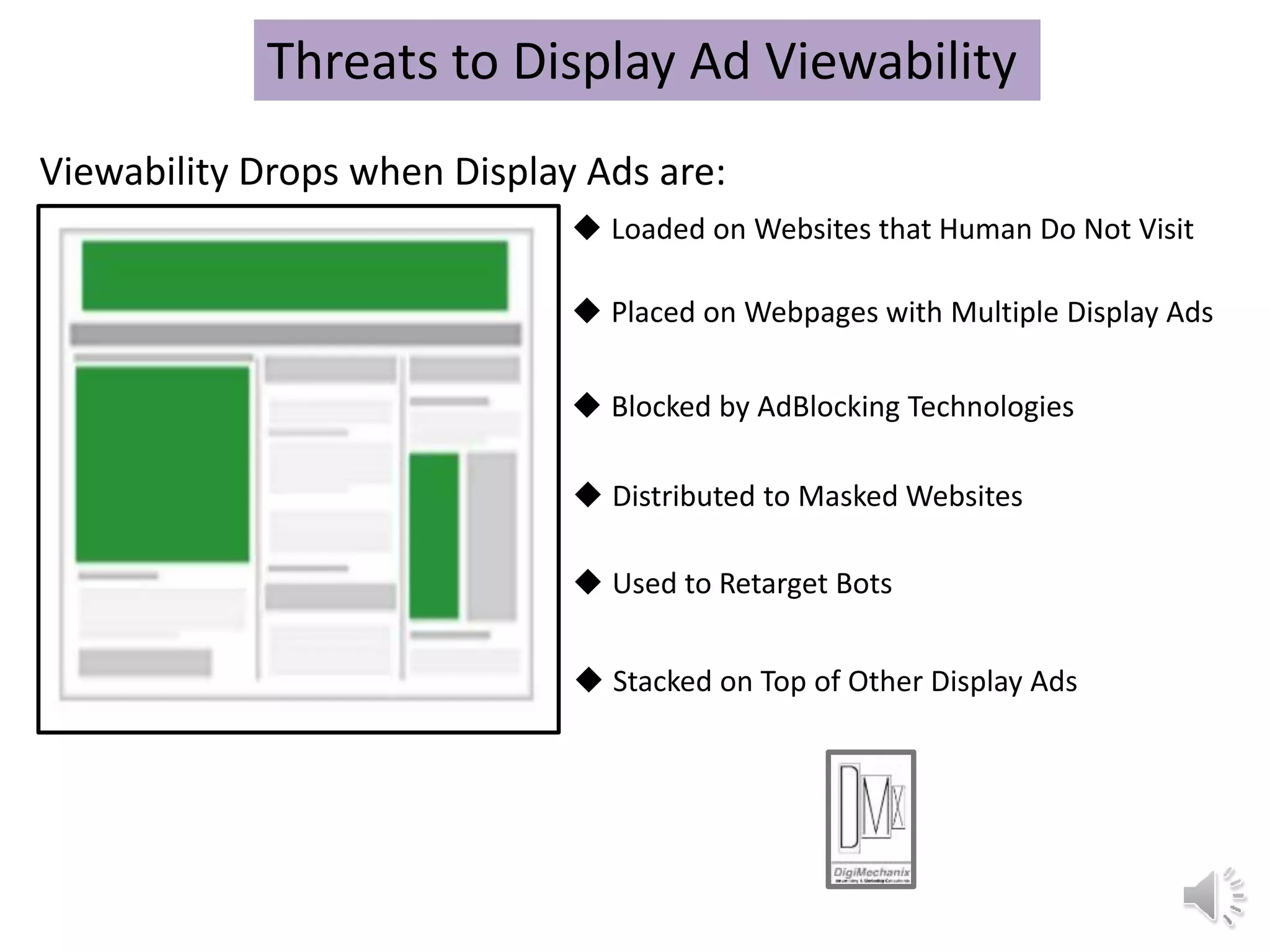  Loaded on Websites that Human Do Not Visit
 Stacked on Top of Other Display Ads
 Placed on Webpages with Multiple Display Ads
 Blocked by AdBlocking Technologies
Threats to Display Ad Viewability
Viewability Drops when Display Ads are:
 Distributed to Masked Websites
 Used to Retarget Bots
 