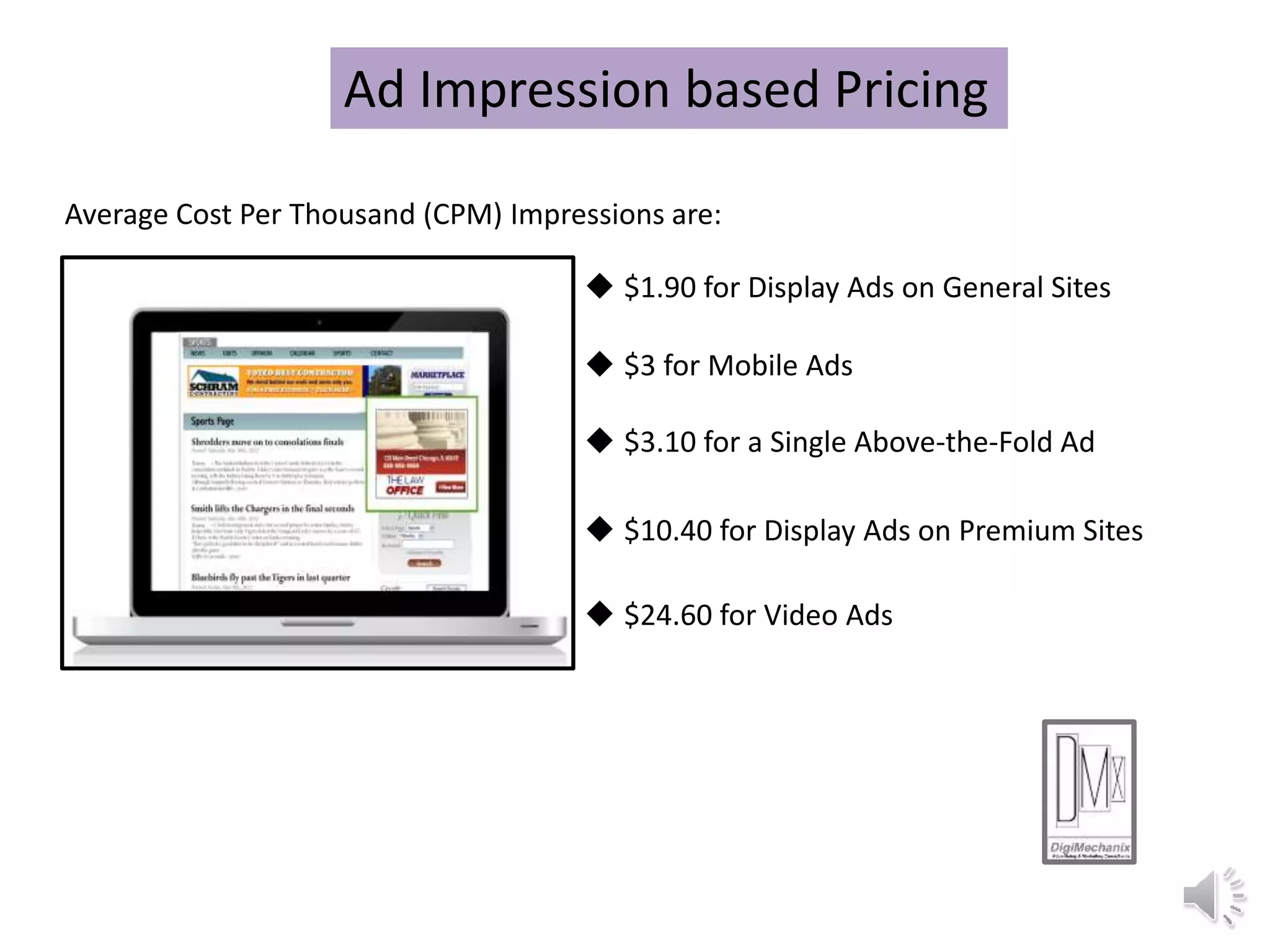 Ad Impression based Pricing
Average Cost Per Thousand (CPM) Impressions are:
 $3 for Mobile Ads
 $24.60 for Video Ads
 $10.40 for Display Ads on Premium Sites
 $1.90 for Display Ads on General Sites
 $3.10 for a Single Above-the-Fold Ad
 