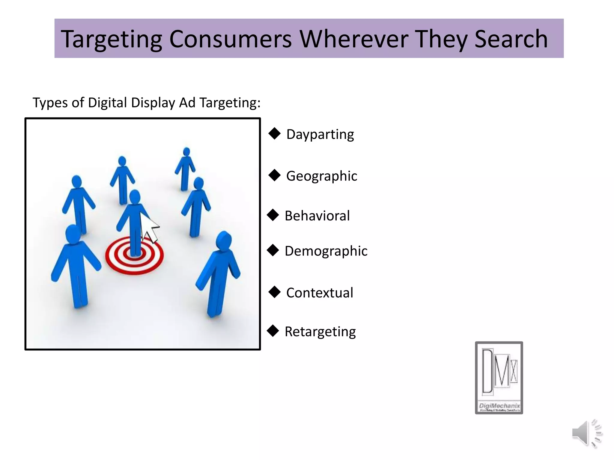  Dayparting
 Geographic
 Behavioral
 Demographic
 Contextual
 Retargeting
Targeting Consumers Wherever They Search
Types of Digital Display Ad Targeting:
 