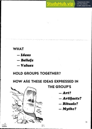 WHAT
Ideas
Beliefs
Values
HOLD GROUPS TOGETHER?
HOW ARE THESE IDEAS EXPRESSED IN
THE GROUP'S
Art?
Artifacts?
Rituals?
Myths?
51
 