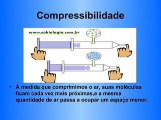 Compressibilidade




• À medida que comprimimos o ar, suas moléculas
  ficam cada vez mais próximas,e a mesma
  quantidade de ar passa a ocupar um espaço menor.
 
