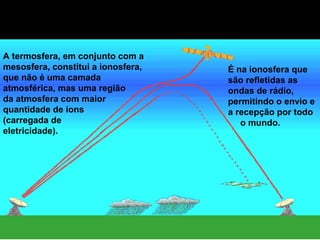 A ionosfera
A termosfera, em conjunto com a
mesosfera, constitui a ionosfera,     É na ionosfera que
que não é uma camada                  são refletidas as
atmosférica, mas uma região           ondas de rádio,
da atmosfera com maior                permitindo o envio e
quantidade de íons                    a recepção por todo
(carregada de                            o mundo.
eletricidade).
 