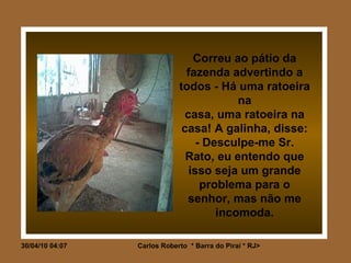 Correu ao pátio da fazenda advertindo a todos - Há uma ratoeira na casa, uma ratoeira na casa! A galinha, disse: - Desculpe-me Sr. Rato, eu entendo que isso seja um grande problema para o senhor, mas não me incomoda. 