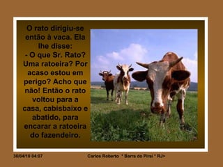 O rato dirigiu-se então à vaca. Ela lhe disse: - O que Sr. Rato? Uma ratoeira? Por acaso estou em perigo? Acho que não! Então o rato voltou para a casa, cabisbaixo e abatido, para encarar a ratoeira do fazendeiro. 