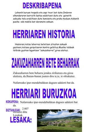 Lehenik buruan txapela eta zapi txuri bat dute.Ondoren
alkondararen barrutik lastoa edukitzen dute eta gainetik
zakuzko tela erabiltzen dute kamiseta eta praka moduan.Azkenik
pusika edo makila bat daramate eskuan.
Hasieran,iratze lehorrez betetzen zituzten zakuak
gazteen,iratzea gorputzaren kontra geldituz.Musika taldeak
ibilbide guztian laguntzen “zakuzaharrei”,giroa alaituz .
Zakuzaharren bete beharra jendea zirikatzea eta giroa
alaitzea, da.Banan-banan joaten dira ie,ie, ie ohiukatuz.
Nafarroako ipar-mendebaldean dagoen udalerri bat da.
Nafarroako ipar-mendebaldean dagoen udalerri bat
da.
2.807
biztanle ditu
Lesakak.
 