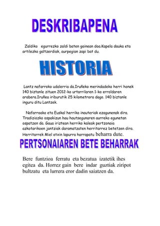 Zaldiko egurrezko zaldi baten gainean doa.Kapela dauka eta
artilezko galtzerdiak, aurpegian zapi bat du.
Lantz nafarroko udalerria da.Iruñeko merindadeko herri honek
140 biztanle zituen 2012-ko urtarrilaren 1-ko erroldaren
arabera.Iruñea iriburutik 25 kilometrora dago. 140 biztanle
inguru ditu Lantzek.
Nafarroako eta Euskal herriko inauteriak ezagunenak dira.
Tradiziozko ospakizun hau hautsegunaren aurreko egunetan
ospatzen da. Gaua iriztean herriko kaleak pertzonaia
azkotarikoen jantziak daramatzaten herritarrez betetzen dira.
Herritarrek Miel otxin lapurra harrapatu beharra dute.
Bere funtzioa ferratu eta bezatua izatetik ihes
egitea da. Horrez gain bere indar guztiak ziripot
bultzatu eta lurrera eror dadin saiatzen da.
 