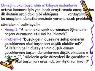 Örneğin, okul başarısını etkileyen nedenlerin   ortaya konması için yapılacak araştırmada amaç-lardan ilk ikisinin aşağıdaki gibi olduğunu  varsayalım ve bu amaçların denetlenmesinde yararlanacak problem cümlelerini belirleyelim   Amaç-1:  “Ailenin ekonomik durumunun öğrencinin başarı durumuna etkisini belirlemek” Problem-1 :”Düşük gelir düzeyine sahip ailelerin çocuklarının okul başarıları düşük olabilir mi?”, “Ailelerin gelir düzeylerinin düşük olması çocuklarının başarı durumlarının düşük olmasına etki eder mi?”, “Ailelerin gelir düzeyleri ile çocukların    okul başarıları arasında bir ilişki var mıdır?” 