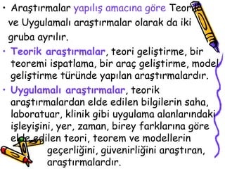 Araştırmalar  yapılış amacına göre  Teorik  ve Uygulamalı araştırmalar olarak da iki  gruba ayrılır. Teorik araştırmalar , teori geliştirme, bir teoremi ispatlama, bir araç geliştirme, model geliştirme türünde yapılan araştırmalardır. Uygulamalı araştırmalar , teorik araştırmalardan elde edilen bilgilerin saha, laboratuar, klinik gibi uygulama alanlarındaki işleyişini, yer, zaman, birey farklarına göre elde edilen teori, teorem ve modellerin  geçerliğini, güvenirliğini araştıran,  araştırmalardır.  