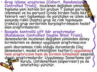 Grup izleme araştırma (Cohort, Randomize Controlled Trials),   incelenen değişken yönünden topluma yeni katılan bir grubun T zaman periyodu izlenmesi ve bu periyod içinde birden fazla kez tekrarlı veri toplanması ile yürütülen ve izlem süresi sonunda riskli (hasta) grup ile risk taşımayan (risksiz) grup verilerinin karşılaştırılmasını hedef alan araştırmalardır.  Rasgele kontrollü çift kör araştırmalar (Randomize Controlled Double Blind Trials),   denemelerde incelenen değişken yönünden deney birimlerinin ve deneyi uygulayan araştırmacının  yanlı davranması riski olduğu durumlarda (ilaç denemeleri, model etkinliğinin testleri)  uygulamayı hem araştırıcının hem de birimin bilmemesi  esasına dayalı araştırmalardır. Uygulamayı Denetleme üst  kurulu, Üstdenetmen (süpervisor) ya da  istatistikçi yürütür. 