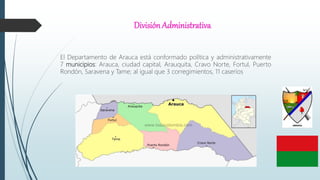 División Administrativa
El Departamento de Arauca está conformado política y administrativamente
7 municipios: Arauca, ciudad capital, Arauquita, Cravo Norte, Fortul, Puerto
Rondón, Saravena y Tame; al igual que 3 corregimientos, 11 caseríos
 
