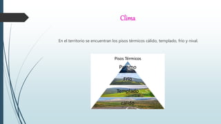 Clima
En el territorio se encuentran los pisos térmicos cálido, templado, frío y nival.
 