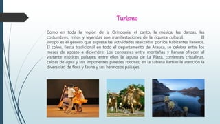 Turismo
Como en toda la región de la Orinoquía, el canto, la música, las danzas, las
costumbres, mitos y leyendas son manifestaciones de la riqueza cultural. El
joropo es el género que expresa las actividades realizadas por los habitantes llaneros.
El coleo, fiesta tradicional en todo el departamento de Arauca, se celebra entre los
meses de agosto a diciembre. Los contrastes entre montañas y llanura ofrecen al
visitante exóticos paisajes, entre ellos la laguna de La Plaza, corrientes cristalinas,
caídas de agua y sus imponentes paredes rocosas; en la sabana llaman la atención la
diversidad de flora y fauna y sus hermosos paisajes.
 