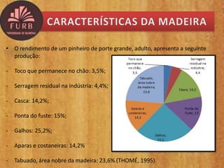• O rendimento de um pinheiro de porte grande, adulto, apresenta a seguinte
produção:
- Toco que permanece no chão: 3,5%;
- Serragem residual na indústria: 4,4%;
- Casca: 14,2%;
- Ponta do fuste: 15%;
- Galhos: 25,2%;
- Aparas e costaneiras: 14,2%
- Tabuado, área nobre da madeira: 23,6% (THOMÉ, 1995).
 
