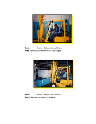 Fonte: Arquivo – Indústria Automobilística
Foto 7:Empilhadeirista atendendo à solicitação
Fonte: Arquivo – Indústria Automobilística
Foto 8:Retirada de material do estoque
 