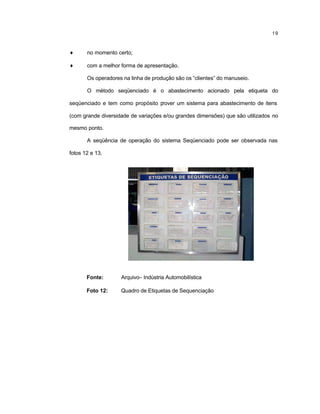 19
♦ no momento certo;
♦ com a melhor forma de apresentação.
Os operadores na linha de produção são os “clientes” do manuseio.
O método seqüenciado é o abastecimento acionado pela etiqueta do
seqüenciado e tem como propósito prover um sistema para abastecimento de itens
(com grande diversidade de variações e/ou grandes dimensões) que são utilizados no
mesmo ponto.
A seqüência de operação do sistema Seqüenciado pode ser observada nas
fotos 12 e 13.
Fonte: Arquivo– Indústria Automobilística
Foto 12: Quadro de Etiquetas de Sequenciação
 