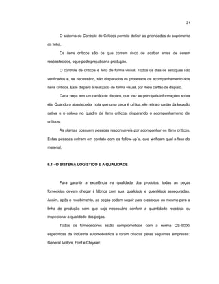 21
O sistema de Controle de Críticos permite definir as prioridades de suprimento
da linha.
Os itens críticos são os que correm risco de acabar antes de serem
reabastecidos, oque pode prejudicar a produção.
O controle de críticos é feito de forma visual. Todos os dias os estoques são
verificados e, se necessário, são disparados os processos de acompanhamento dos
itens críticos. Este disparo é realizado de forma visual, por meio cartão de disparo.
Cada peça tem um cartão de disparo, que traz as principais informações sobre
ela. Quando o abastecedor nota que uma peça é crítica, ele retira o cartão da locação
cativa e o coloca no quadro de itens críticos, disparando o acompanhamento de
críticos.
As plantas possuem pessoas responsáveis por acompanhar os itens críticos.
Estas pessoas entram em contato com os follow-up´s, que verificam qual a fase do
material.
6.1 - O SISTEMA LOGÍSTICO E A QUALIDADE
Para garantir a excelência na qualidade dos produtos, todas as peças
fornecidas devem chegar à fábrica com sua qualidade e quantidade asseguradas.
Assim, após o recebimento, as peças podem seguir para o estoque ou mesmo para a
linha de produção sem que seja necessário conferir a quantidade recebida ou
inspecionar a qualidade das peças.
Todos os fornecedores estão comprometidos com a norma QS-9000,
específicas da indústria automobilística e foram criadas pelas seguintes empresas:
General Motors, Ford e Chrysler.
 