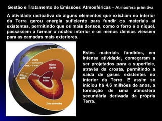 Gestão e Tratamento de Emissões Atmosféricas  –   Atmosfera primitiva A atividade radioativa de alguns elementos que existiam no interior da Terra gerou energia suficiente para fundir os materiais aí existentes, permitindo que os mais densos, como o ferro e o níquel, passassem a formar o núcleo interior e os menos densos viessem para as camadas mais exteriores. Estes materiais fundidos, em intensa atividade, começaram a ser projetados para a superfície, através da crosta, permitindo a saída de gases existentes no interior da Terra. E assim se iniciou há 4,6 milhões de anos, a formação de uma atmosfera secundária derivada da própria Terra. 