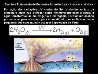 Gestão e Tratamento de Emissões Atmosféricas  –   Atmosfera primitiva Por ação das radiações UV vindas do Sol, e devido ao fato da atmosfera atual não oferecer ainda nenhuma proteção a estas, a água transformou-se em oxigênio e hidrogênio. Este último acabou por escapar para o espaço pois é constituído por moléculas muito pequenas que conseguiram escapar à gravidade da Terra. 