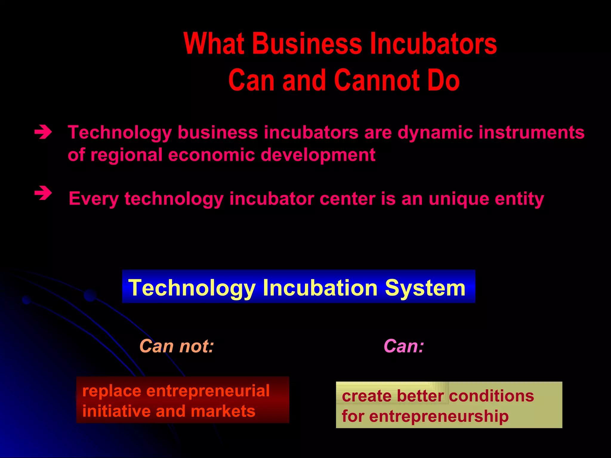 Technology business incubators are dynamic instruments of regional economic development Technology Incubation System Every technology incubator center is an unique entity replace entrepreneurial initiative and markets create better conditions for entrepreneurship   What Business Incubators  Can and Cannot Do Can not: Can: 