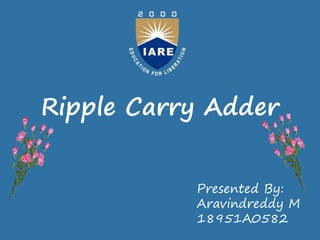 Ripple Carry Adder
Presented By:
Aravindreddy M
18951A0582
 