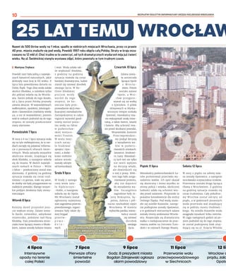 BEZPŁATNY BIULETYN INFORMACYJNY URZĘDU MIEJSKIEGO WROCŁAWIA
BEZPŁATNY BIULETYN INFORMACYJNY URZĘDU MIEJSKIEGO WROCŁAWIA
10
Nawet do 500 litrów wody na 1 mkw. spadło w niektórych miejscach Wrocławia, przez co prawie
40 proc. miasta znalazło się pod wodą. Powódź 1997 roku objęła całą Polskę. Straty w kraju osza-
cowano na 12 mld zł. Choć trudno w to uwierzyć, od tych dramatycznych wydarzeń mija już ćwierć
wieku. Na ul. Świdnickiej stanęła wystawa zdjęć, które powstały w tym trudnym czasie.
	
I Martyna Trębacz
Powódź 1997 była jedną z najwięk-
szych katastrof naturalnych, jakie
dotknęły nasz kraj w XX wieku. 8
lipca fala powodziowa dotarła na
Dolny Śląsk. Tego dnia woda zalała
okolice Kłodzka, a zaledwie kilka
dni później wdarła się do Wrocła-
wia. Zanim jednak do tego doszło,
od 4 lipca przez Polskę przeszły
ulewne deszcze. W województwach
wałbrzyskim, opolskim, jeleniogór-
skim i katowickim (mieliśmy wtedy
49, a nie 16 województw), poziom
wód w rzekach podniósł się do tego
stopnia, że zostały przekroczone
stany alarmowe.
Poniedziałek 7 lipca
W nocy z 6 na 7 lipca sytuacja stała
się na tyle niebezpieczna, że w me-
diach zaczęły się pojawiać informa-
cje o pierwszych ofiarach śmier-
telnych. Woda zatopiła wszystkie
okoliczne wioski, znajdujące się
obok Kłodzka, a następnie wdarła
się do miasta. W dwóch najwięk-
szych rzekach w Polsce – Wiśle
i Odrze – przekroczony został stan
alarmowy. Z godziny na godzinę
sytuacja stawała się coraz trud-
niejsza i co gorsza, stało się jasne,
że służby nie były przygotowane na
nadejście powodzi, dlatego wszyst-
kie podjęte działania były niewy-
starczające.
Wtorek 8 lipca
Kolejny dzień przyniósł jesz-
cze większe straty. Zalane zosta-
ło Bardo, niewielkie, zabytkowe
miasteczko, położone nad Nysą
Kłodzką. Fala powodziowa znisz-
czyła most łączący miasto z Kłodz-
kiem, zalane zostały kolejne miasta
i wsie. Woda zalała tak-
że większość Kłodzka,
z  godziny na godzinę
sytuacja stawała się coraz
bardziej dramatyczna, ludzie
starali się ratować dorobek
swojego życia. W Ko-
tlinie Kłodzkiej
p o z i o m w o d y
wzrósł do tego
stopnia, że ko-
nieczne było prze-
prowadzenie akcji ewa-
kuacyjnej mieszkańców.
Zaniepokojenie w całym
regionie wywołał gwał-
towny wzrost pozio-
mu wody na Odrze
w  podwrocław-
skiej miejsco-
wości Trestno.
W wielu miej-
scach zaczę-
ło brakować
sprzętu i żyw-
ności, a dodat-
kowo niektóre
zalane wioski
zostały odcięte
od komunikacji.
Środa 9 lipca
W środę z samego
rana woda zala-
ła Kędzierzyn–
–Koźle, a następnie
wdarła się do Opola.
We Wrocławiu został
ogłoszony najwyższy
stan zagrożenia przeciw-
powodziowego, organi-
zowane były także dy-
żury brygad
przeciw-
p o w o -
d z i o -
wych.
Czwartek 10 lipca
Zalana zosta-
ła autostrada
łącząca Opole
z  Wrocła-
wiem. Potem
zostało zalane
Opole, a  Wro-
cław przygoto-
wywał się na walkę
z żywiołem. Z półek
sklepowych w błyska-
wicznym tempie znikała
żywność, mieszkańcy mia-
sta wykupywali wodę mine-
ralną, a także świece, latarki
i baterie. Aby uchronić mia-
sto przed skutkami powodzi,
Wojewódzki Komitet
Przeciwpowodzio-
wy podjął decyzję
o wysadzeniu wa-
łów w  podwro-
cławskich wioskach:
Janowice, Jeszkowi-
ce, Łany. Mieszkań-
cy tych wsi nie tylko
nie mieli wpływu
na decyzję władz,
ale dowiedzieli się
o niej z prasy. Efek-
tem tego było zorga-
nizowanie protestu,
aby nie dopuścić
do wysadzenia wa-
łów. Szczególnie
zagrożone były re-
jony Biskupina, Sę-
polna, Zalesia i pół-
nocno-wschodniej części
Wrocławia. W mieście
wybuchła panika, miesz-
kańcy starali
się ratować
dorobek
swojego
życia.
Piątek 11 lipca
Mieszkańcy podwrocławskich Ła-
nów protestowali przeciwko wy-
sadzeniu wałów. Ich opór okazał
się skuteczny i mimo wysiłku ze
strony policji i wojska, okolicznej
ludności udało się uchronić wio-
skę przed zalaniem. Przyniosło to
poważne konsekwencje dla stolicy
Dolnego Śląska. Pod wodą znala-
zło się osiedle Kozanów, następ-
nie podtopione zostały Opatowice,
a w godzinach wieczornych zalane
zostały tereny wodonośne Wrocła-
wia. Rozpoczęła się dramatyczna
walka o niedopuszczenie do prze-
rwania wałów na Ostrowie Tum-
skim i w rejonach Starego Miasta.
Sobota 12 lipca
W nocy z piątku na sobotę zala-
ne zostały Opatowice, a następnie
wrocławska oczyszczalnia ścieków.
Przerwana została droga łącząca
Oławę z Wrocławiem. Z godziny
na godzinę sytuacja stawała się
coraz trudniejsza. Cały południo-
wy Wrocław został odcięty od
prądu, a w godzinach porannych
woda przerwała wał znajdujący
się w pobliżu mostu Osobowic-
kiego. Na osiedlu Kozanów woda
osiągnęła wysokość kilku metrów.
W ciągu następnych godzin jej po-
ziom podniósł się do tego stopnia,
że został podtopiony blok znaj-
dujący się na ul. Księcia Witolda
25 LAT TEMU  WROCŁAW
4 lipca
Intensywne
opady na terenie
całej Polski
11 lipca
Przerwanie wału
przeciwpowodziowego
w Siechnicach
7 lipca
Pierwsze ofiary
śmiertelne
powodzi
9 lipca
Godz. 8 prezydent miasta
Bogdan Zdrojewski ogłasza
alarm powodziowy
12 lip
Wrocław o
prądu, zala
Opato
Powodzianka Stanisława Wysockiego
upamiętnia wolontariuszy, którzy ratowali zbiory
Uniwersytetu Wrocławskiego
OLEKSANDR
POLIAKOVSKY
1997
 