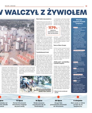 NR 26 (92) – LIPIEC 2022
11
i Gwareckiej. Aby zapobiec jeszcze
większym stratom, podjęto decyzję
o zamknięciu mostu Warszawskie-
go, Pomorskiego, Osobowickiego,
Trzebnickiego, Piaskowego i Po-
koju. Po godz. 15 część miasta zo-
stała całkowicie odcięta od świata.
Woda zalała szpital im. Marciniaka
przy ul. Traugutta, Instytut Bio-
chemii na Tamce, Pogotowie Ra-
tunkowe i Zakład Produkcji Wody
na Grobli. Wrocław został pozba-
wiony wody pitnej, a dodatkowo
nie działał numer alarmowy 999.
Wieczorem, ok. godz. 19 woda
wdarła się na pl. Wróblewskiego,
a następnie zalała szpital psychia-
tryczny przy ul. Kraszewskiego.
Fala powodziowa dotarła rów-
nież w okolice Dworca Głównego
i w pobliżu ul. Kościuszki i Mała-
chowskiego. Pod wodą znalazła się
jedna z głównych ulic Wrocławia –
Świdnicka.
Dwie fatalne masy powietrza
Bezpośrednią przyczyną było ze-
tknięcie się dwóch mas powietrza.
Nad północnymi Włochami po-
wstał układ niżowy
i przesuwając się na
północny wschód
napotkał gorące po-
wietrze znad Mo-
rza Śródziemnego
i Morza Czarnego.
Najwięcej deszczu
spadło między 4 a 8.07 na obszarze
między Brnem, Katowicami a Wro-
cławiem. W tych dniach, najwięcej
opadów – 455 mm odnotowano na
Pradziadzie. Dwa tygodnie później,
w dniach 18-22 lipca na tym ob-
szarze miały miejsce obfite deszcze,
przez co w niektórych obszarach
odnotowano nawet pięciokrotnie
wyższe sumy opadów w lipcu.
5 poszkodowanych miast
Silne opady deszczu w lipcu 1997
roku sprawiły, że zbiorniki reten-
cyjne, koryta rzek i gleba nie były
w stanie pomieścić tak ogromnej
ilości wody. Efektem tego była po-
wódź, którą za sprawą skali znisz-
czeń nazywamy teraz Powodzią
Tysiąclecia. Prócz Polski ucierpiały
także inne kraje: Niemcy, Słowacja,
Czechy i Austria. Wśród polskich
miast, które poniosły największe
straty, znalazł się Wrocław, Kę-
dzierzyn-Koźle, Racibórz, Nysa,
Kłodzko. W sumie zalanych zostało
25 województw, pod wodą znalazło
się niemal 700 tys. ha i 1362 miej-
scowości. Prawie 200 tysięcy osób
musiało się ewakuować, zostawiając
dorobek swojego życia. W związku
z powodzią, zagro-
żone było bezpie-
czeństwo zwierząt
przebywających we
wrocławskim zoo.
Jak informowała
Hanna Gucwińska
z  ogrodu zoolo-
gicznego – z godziny na godzinę
sytuacja stawała się coraz trudniej-
sza. Nad bezpieczeństwem zwierząt
czuwali strażacy, policjanci i miesz-
kańcy miasta.
Straty w Polsce i Europie
W Polsce śmierć poniosło łącznie
56, a w całej Europie – 124 osoby.
Ok. 7 tys. osób straciło dach nad
głową, uszkodzonych zostało pra-
wie 700 tys. mieszkań, ponad 800
szkół, 4 tys. mostów i ponad 600
km wałów przeciwpowodziowych.
Na terenie całego kraju straty wy-
niosły aż 12 mld zł.
„Wielka woda” – serial Netfliksa
o powodzi tysiąclecia
Powódź 1997, która dotknęła Dol-
ny Śląsk, stała się tematem nowego
serialu Netfliksa „Wielka woda”,
którego premiera zaplanowana jest
na jesień 2022. Za reżyserię odpo-
wiadają Jan Holoubek i Bartłomiej
Ignaciuk, a scenariusz napisali Kin-
ga Krzemińska i Kasper Bajon. Serial
składa się z 6 odcinków i opowia-
da o tym, jak żywioł, który dotknął
Wrocław i okolice, wpłynął na ży-
cie lokalnej społeczności. W rolach
głównych zobaczymy Agnieszkę
Żulewską, Tomasza Schuchardta,
Ireneusza Czopa, Annę Dymną, Je-
rzego Trelę, Martę Nieradkiewicz,
Piotra Roguckiego i Tomasza Kota.
	
› Więcej na www.wroclaw.pl/
powodz
W WALCZYŁ Z ŻYWIOŁEM
13 lipca
Ponad 30 procent
Wrocławia znajduje
się pod wodą
25 lipca
Druga fala
powodziowa dochodzi
do Wrocławia
6 sierpnia
Stan wody w Odrze
uznaje się za
bezpieczny
pca
odcięty od
ane osiedle
owice
16 lipca
Woda zaczyna
wycofywać się ze
Śródmieścia
najstarszy,
odnotowany wylew
Odry we Wrocławiu
1179r.
Wrocław
wspomina Powódź
Tysiąclecia
	
◼  od 12.07  na ul. Świdnickiej
– między Rynkiem
a Przejściem Świdnickim
–wystawa zdjęć
dokumentujących Powódź
Tysiąclecia. Ich autorami
są m.in. były prezydent
Bogdan Zdrojewski
i fotoreporter „Gazety
Wyborczej”, Mieczysław
Michalak, który 25 lat temu
wykonywał podwójną pracę
– na rzecz pracodawcy,
ale też na rzecz miasta,
biorąc udział w budowaniu
wałów;
	
◼  17.07, 24.07, 31.07 i 7.08
na miejskich kanałach
social mediowych pojawią
się cztery kilkuminutowe
filmy o powodzi; trafią one
też do internetu:
www.wroclaw.pl,
www.wroclove.pl
	
◼  28-31.07  powodziowe
filmiki będą emitowane
w trakcie Festiwalu Nowe
Horyzonty
	
◼  23.07  pokaz fontanny
multimedialnej Powódź
’97 na pergoli przy Hali
Stulecia
	
◼  12.08, 19.08, 26.08  
film Powódź na Wyspie
Słodowej – kino plenerowe
Wyspa Słodowa
	
◼  20.08  Powódź
w Hydropolis
	
◼ akcje happeningowe,
by przenieść się pamięcią
w czasie o 25 lat wstecz:
namiastki wałów, worki
z piaskiem, pontony,
gdzieniegdzie szum wody
1997, Kozanów – osiedle najbardziej poszkodowane
we Wrocławiu. Woda miejscami sięgała I piętra
1997, wały przeciwpowodziowe
przy Jazie Szczytnickim, mieszkańcy
układają worki z piaskiem
MATERIAŁY
ZAKŁAD
NARODOWY
IMIENIA
OSSOLIŃSKICH,
FOT.
BOGDAN
ZDROJEWSKI
MIECZYSŁAW
MICHALAK
7
 