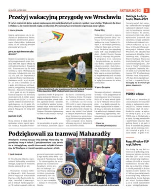 NR 26 (92) – LIPIEC 2022
3
AKTUALNOŚCI
W całym mieście do końca wakacji zaplanowano dziesiątki bezpłatnych wydarzeń, spotkań i warsztatów. Większość dla dzieci
i młodzieży, ale również dorośli znajdą coś dla siebie. Przygotowały je wrocławskie organizacje pozarządowe.
	
I Maciej Wołodko
Zajęcia zaplanowano tak, by za-
chęcały do poznawania świata,
rozwijania zainteresowań, pozna-
wania rówieśników, budowania
relacji. Na ich realizację Wrocław
przeznaczył 400 tys. zł.
Jak to jest być filmowcem albo
aktorem?
Możecie to sprawdzić na warszta-
tach przygotowanych przez Fun-
dację ART JTM. Zajęcia odbędą się
w Projektowni przy ul. Traugutta
68L. Przeznaczone są dla osób
w wieku 14-19 lat. Obowiązują na
nie zapisy: info@artjtm.com, 505
754 105. Zaś kurs improwizacji
z aktorami Teatru Improkracja za-
planowano na 18 i 20.07 w godz.
16-20. Pokaz finałowy 21.07
o godz. 20 w Centrum na Przed-
mieściu, wstęp wolny. A warsztaty
filmowe z Maciejem Proćkowem
– 22.07 (godz. 16-20). W sierpniu
fundacja zaprasza na warsztaty
sitodruku (15.08, 8-13 lat), spacer
fotograficzny (17.08, 14-19 lat)
i piknik rodzinny z koncertem ze-
społu Avantura (19.08., godz. 18),
który odbędzie się w podwórku
przy ul. Traugutta 68, wstęp jest
wolny.
Japońskie środy
Do 24 sierpnia w każdą środę na
spotkania z kulturą Japonii zapra-
sza Fundacja Przyjaźni Polsko-
-Japońskiej NAMI. W programie
zajęcia poświęcone kimonom i ja-
pońskim obyczajom, pisanie pędz-
lem, japońskie latawce i wszystko,
co chcielibyście wiedzieć o praw-
dziwych ninja. Może w nich wziąć
udział młodzież w wieku 11-14 lat.
Program i formularz zgłoszeniowy
na www.kurabu.fundacja-nami.pl.
Zajęcia na Karłowicach
Od poniedziałku do piątku, przez
całe wakacje, darmowe zajęcia
dla dzieci i młodzieży prowa-
dzi Fundacja Emma. W progra-
mie: zajęcia kulinarne, rucho-
we, z robotyki czy warsztaty
DIY (zrób to sam). Zapisujemy
dziecko na każdy dzień osobno,
tym sposobem może chodzić na
zajęcia cały tydzień i brać udział
w różnych aktywnościach. Zapisy
przez formularz na www.emma.
org.pl/dzialania/projekty/waka-
cyjna-przygoda-2022. Zajęcia
odbywają się przy ul. Bałtyckiej 8
oraz na terenie osiedla.
Poznaj Odrę
Wakacyjna Przystań to zajęcia
pozwalające poznać Odrę i na-
wiązać nowe przyjaźnie. Pro-
wadzone są przez Fundację On-
water.pl na świeżym powietrzu,
w Marinie Viator przy ul. Na Gro-
bli 16. Do końca lipca spotykają
się na nich i będą współpracować
dzieci z Polski i Ukrainy. Poznają
kulturę i zwyczaje obu państw.
W programie m.in. szkolenia
z  bezpieczeństwa na wodzie,
rejsy łodzią i spływy kajakowe.
A także warsztaty: Mała Szkut-
nia, Mała Retencja i Oszczędzanie
Wody. Dodatkowo prowadzone
będą zajęcia na temat profilakty-
ki antyalkoholowej oraz na temat
nałogów czy nawyków. Zajęcia
te będą dostosowane do wieku
uczestników.
W sercu Szczepina
Warsztaty dla dzieci i młodzieży
w wieku 7-15 lat przygotowuje też
Stowarzyszenie Serce Szczepina.
Do 25.08, w każdy wtorek (godz.
10-12) w Pawilonie ESK na Szcze-
pinie. – A w każdy czwartek bę-
dziemy się zapuszczać w miasto –
do kina, na wystawy, do muzeów
i do wielu innych ciekawych miejsc
– zapowiadają organizatorzy. Obo-
wiązują zapisy: serceszczepina@
gmail.com.
	
› Więcej na:
l.wroclaw.pl/wakacje2022
Przeżyj wakacyjną przygodę we Wrocławiu
Podziękowali za tramwaj Maharadży
Wrocławski tramwaj noszący imię Dobrego Maharadży robi
prawdziwą furorę w Indiach. Z podziękowaniami za to, że mia-
sto w tak wyjątkowy sposób uhonorowało indyjskich bohate-
rów, do Wrocławia przylecieli specjalni wysłannicy z Indii.
	
I Jarek Ratajczak
Dr Piyushkumar Matalia, repre-
zentant Maharadży Jamsaheba
Nawagar, i jego syn dr Himanshu
Matalia pokonali 8 tys. km.
– Wrocławski tramwaj Dobre-
go Maharadży, który honoruje
dwóch indyjskich maharadżów
Digvijaysinhji Ranjitsinhji Ja-
deja i Jamsaheb z Nawanagar,
jest w Indiach bardzo popular-
ny. W trudnych czasach rodzi się
poczucie braterstwa i wspólnoty.
Z tego wynika wiele dobra – za-
znaczał dr Piyushkumar Matalia.
– To niewiarygodne, że wciąż
pamięta się o naszych ma-
haradżach, którzy zro-
bili coś dobrego. Te-
raz Polacy odpłacają
to dobro, przyjmując
studentów z Indii czy
uchodźców z  Ukra-
iny i to jest niezwykłe
– dodaje dr Himanshu
Matalia.
FREEPIK.COM
Podczas bezpłatnych zajęć organizowanych przez Fundację Przyjaźni
Polsko-Japońskiej NAMI młodzież będzie tworzyła latawce
Nadciąga 2. edycja
Gastro Miasto 2022
Premiery nowych dań, rozmo-
wy z szefami kuchni i przegląd
najlepszych lokalnych restau-
racji to nieodłączny element
Gastro Miasto. Po udanej,
pierwszej w tym roku edycji
wydarzenia, przyszedł czas
na kolejną. Drugie spotkanie
z ulubionymi smakami wro-
cławian odbędzie się 15-17
lipca, w Browarze Mieszczań-
skim przy ul. Hubskiej 44 we
Wrocławiu. Nie zabraknie też
pozytywnych dźwięków, które
zaserwują nam: DJ Skipless,
Wojtek Kiełbasa, Muzyczna
Strefa Radia RAM, Ola Turoń
(uczestniczka programu „The
Voice of Poland”, wyróżniona
w programie „Szansa na Suk-
ces Opole 2021”), Humble Buzz
(laureat XIV Wrocławskiego
Festiwalu Form Muzycznych),
LIVE Easy Dose oraz Qultural-
ny Duet – Krajewski/Ziętara.
Szczegóły na: l.wroclaw.pl/
gastro-miasto2022.
PSZOK-i w lipcu
PSZOK przy ul. Janowskiej 51
czynny będzie we wszystkie
soboty, z wyłączeniem ostat-
niej (30.07). Godziny otwarcia
bez zmian, czyli od ponie-
działku do piątku i w wybra-
ne soboty w godz. 7-15. Zaś
PSZOK przy ul. Michalczyka 9
w każdy lipcowy poniedziałek
i piątek będzie czynny o dwie
godziny dłużej, tj. od godz. 8
do 19. W pozostałe dni godziny
pracy się nie zmieniają (wto-
rek-czwartek w godz. 8-17,
każda sobota – w godz. 8-16).
Rusza Wrocław CUP
na pl. Solnym
Plac Solny na trzy dni za-
mieni się w piłkarską arenę.
Rozegrane zostaną tu mecze
Wrocław CUP, czyli turniej
piłki ulicznej rangi międzyna-
rodowej dla osób w kryzysie
bezdomności. Turniej odbę-
dzie się w dniach 15-17 lipca.
O triumf powalczy 16 drużyn
męskich i cztery kobiece. Na
pl. Solnym powstaną podesty
ze sztuczną trawą, wokół nich
będą trybuny. Gra się dwa razy
po 7 minut. Drużyny składa-
ją się z trzech zawodników
w polu i jednego bramkarza.
BARTOSZ
CHOCHOŁOWSKI,
JAREK
RATAJCZAK
Wysłannicy z Indii specjalnie przyjechali do Wrocławia
 