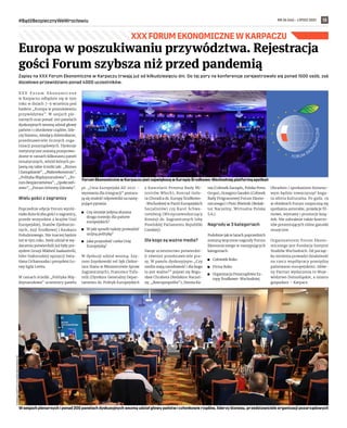 NR 26 (46) – LIPIEC 2021
#BądźBezpiecznyWeWrocławiu 13
Zapisy na XXX Forum Ekonomiczne w Karpaczu trwają już od kilkudziesięciu dni. Do tej pory na konferencje zarejestrowało się ponad 1500 osób, zaś
docelowo przewidziano ponad 4000 uczestników. 
X X X F o r u m E k o n o m i c z n e
w Karpaczu odbędzie się w tym
roku w dniach 7-9 września pod
hasłem „Europa w poszukiwaniu
przywództwa”. W sesjach ple-
narnych oraz ponad 200 panelach
dyskusyjnych wezmą udział głowy
państw i członkowie rządów, lide-
rzy biznesu, wiodący dziennikarze,
przedstawiciele licznych orga-
nizacji pozarządowych. Dyskusje
merytoryczne zostaną przeprowa-
dzone w ramach kilkunastu paneli
tematycznych, wśród których po-
jawią się takie ścieżki jak: „Biznes
i Zarządzanie”, „Makroekonomia”,
„Polityka Międzynarodowa”, „Fo-
rum Bezpieczeństwa”, „Społeczeń-
stwo”, „Forum Ochrony Zdrowia”.   
Wielu gości z zagranicy
Poprzednie edycje Forum wyróż-
niała duża liczba gości z zagranicy,
przede wszystkim z krajów Unii
Europejskiej, Stanów Zjednoczo-
nych, Azji Środkowej i Kaukazu
Południowego. Nie inaczej będzie
też w tym roku. Swój udział w wy-
darzeniu potwierdzili już były pre-
zydent Gruzji Mikheil Saakashvili,
lider białoruskiej opozycji Swia-
tłana Cichanouska i prezydent Ło-
twy Egils Levits.  
W ramach ścieżki „Polityka Mię-
dzynarodowa” uczestnicy panelu
pt. „Unia Europejska AD 2021 –
wyzwania dla integracji” postara-
ją się znaleźć odpowiedzi na nastę-
pujące pytania:  
	
◼ Czy istnieje jedyna słuszna
droga rozwoju dla państw
europejskich?  
	
◼ W jaki sposób należy prowadzić
unijną politykę?  
	
◼ Jaka przyszłość czeka Unię
Europejską?
W dyskusji udział wezmą: Szy-
mon Szynkowski vel Sęk (Sekre-
tarz Stanu w Ministerstwie Spraw
Zagranicznych), Francesco Tufa-
relli (Dyrektor Generalny Depar-
tamentu ds. Polityk Europejskich
z Kancelarii Prezesa Rady Mi-
nistrów Włoch), Konrad Goło-
ta (Doradca ds. Europy Środkowo-
-Wschodniej w Partii Europejskich
Socjalistów) czy Karel Schwa-
rzenberg (Wiceprzewodniczący
Komisji ds. Zagranicznych Izby
Poselskiej Parlamentu Republiki
Czeskiej). 
Dla kogo są ważne media?
Swoje uczestnictwo potwierdzi-
li również przedstawiciele pra-
sy. W panelu dyskusyjnym „Czy
media mają narodowość i dla kogo
to jest ważne?” pojawi się Bogu-
sław Chrabota (Redaktor Naczel-
ny, „Rzeczpospolita”), Dorota Ka-
nia (Członek Zarządu, Polska Press
Grupa), Grzegorz Gauden (Członek
Rady Programowej Forum Ekono-
micznego) i Piotr Mieśnik (Redak-
tor Naczelny, Wirtualna Polska
S.A.).
Nagrody w 3 kategoriach
Podobnie jak w latach poprzednich
zostaną wręczone nagrody Forum
Ekonomicznego w następujących
kategoriach:  
	
◼ Człowiek Roku 
	
◼ Firma Roku 
	
◼ Organizacja Pozarządowa Eu-
ropy Środkowo-Wschodniej. 
Obradom i spotkaniom bizneso-
wym będzie towarzyszyć boga-
ta oferta kulturalna. Po godz. 19
w obiektach Forum rozpoczną się
spotkania autorskie, projekcje fil-
mowe, wystawy i promocje ksią-
żek. Nie zabraknie także koncer-
tów prezentujących różne gatunki
muzyczne. 
Organizatorem Forum Ekono-
micznego jest Fundacja Instytut
Studiów Wschodnich. Od począt-
ku istnienia prowadzi działalność
na rzecz współpracy pomiędzy
państwami europejskimi. Głów-
ny Partner wydarzenia to Woje-
wództwo Dolnośląskie, a miasto
gospodarz – Karpacz.
XXX FORUM EKONOMICZNE W KARPACZU
Europa w poszukiwaniu przywództwa. Rejestracja
gości Forum szybsza niż przed pandemią
W sesjach plenarnych i ponad 200 panelach dyskusyjnych wezmą udział głowy państw i członkowie rządów, liderzy biznesu, przedstawiciele organizacji pozarządowych
Forum Ekonomiczne w Karpaczu jest największą w Europie Środkowo-Wschodniej platformą spotkań
FUNDACJA
INSTYTUT
STUDIÓW
WSCHODNICH
(2)
 