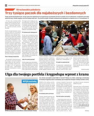 BEZPŁATNY BIULETYN INFORMACYJNY URZĘDU MIEJSKIEGO WROCŁAWIA #NaszWrocławZaJedenPIT
20
Wrocławskie pokolenia
Tysiąc paczek dla bezdomnych i drugi tysiąc dla najuboższych przygotowuje wrocławska Caritas na święta. Do ich pakowania i wydawania potrzeba
wolontariuszy. Posiłki wigilijne robi też Czasoprzestrzeń – 24 grudnia od godz. 10 będą rozdawane potrzebującym w zajezdni przy ul. Tramwajowej 1-3.
– W  tym roku zrobimy kilka
tysięcy różnych paczek dla na-
juboższych mieszkańców Wro-
cławia – informuje Paweł Traw-
ka, rzecznik prasowy Caritas
Wrocław.
Paczki przygotowywane przez
Caritas trafią do Terenowych
Zespołów Pracy Socjalnej pro-
wadzonych przez Miejski Ośro-
dek Pomocy Społecznej (MOPS)
i innych organizacji społecznych,
które będą przekazywać je po-
trzebującym. Dwieście z nich
otrzyma Centrum Czasoprze-
strzeń z Zajezdni Dąbie, które
w ramach Wigilii Pełnej Ciepła
przygotowuje również 500 po-
traw wigilijnych. Ponadto wro-
cławska Caritas organizuje po
raz kolejny, wspólnie z Urzędem
Miejskim Wrocławia, 1000 paczek
dla osób w kryzysie bezdomności.
Dwa rodzaje prezentów
– W paczkach przeznaczonych
dla ubogich seniorów będzie
mąka, kasza, ryż, olej, czyli pro-
dukty potrzebne osobom, któ-
re mogą z nich coś ugotować
lub upiec ciasto – mówi Michał
Brzezicki, koordynator z Caritas
Wrocław.
W drugiej partii znajdą się naj-
potrzebniejsze rzeczy dla osób
w kryzysie bezdomności. Chodzi
o produkty gotowe bezpośred-
nio do spożycia, takie jak piero-
gi, krokiety, parówki, konserwy,
słodycze czy bochenek chleba.
Przybywa potrzebujących
W tym roku wrocławska Caritas
przygotuje więcej paczek dla osób
w kryzysie bezdomności. Będzie
ich 1000 – w ubiegłym było 700.
– Widzimy, że osób bardzo ubo-
gich przybywa – mówi Paweł
Trawka. – Szczególnie widać to
w naszych jadłodajniach, gdzie
wydajemy dużo więcej posił-
ków w stosunku do tego, co było
przed pandemią. Osób potrzebu-
jących najprostszej pomocy, czy-
li gorącego talerza zupy i kilku
kromek chleba, jest wciąż mnó-
stwo, dlatego te 1000 paczek roz-
damy momentalnie.
Jak otrzymać paczkę?
Paczki przygotowane dla bezdom-
nych będą wydawane tuż przed
Bożym Narodzeniem na Ostrowie
Tumskim tylko osobom, które
będą miały specjalne zaproszenie.
Takie zaproszenia potrzebujący
dostaną w placówce, w której ko-
rzystają z pomocy. Część paczek,
które mają trafić do seniorów
i kombatantów, będzie dystry-
buowana do nich bezpośrednio,
m.in. za pomocą MOPS, który ma
dokładne informacje, kto ich po-
trzebuje. Czasoprzestrzeń rozda
posiłki wigilijne chętnym, którzy
zgłoszą się 24.12 o godz. 10 do
zajzdni na ul. Tramwajowej 1-3.
Przyjdź na wolontariat
Do pakowania i wydawania pa-
czek potrzebni są wolontariu-
sze. Chętni mogą zgłosić się do
Roberta Jadwiszczaka, koor-
dynatora wolontariatu, telefo-
nicznie 662 217 292 lub mej-
lowo: rjadwiszczak@wroclaw.
caritas.pl. Wolontariusze będą
potrzebni 14 i 22.12 do pako-
wania paczek oraz 23.12 do ich
wydawania.
Michał Kurowicki
Czy chcesz oszczędzić ponad 1000 zł rocznie? Możesz to zrobić, wybierając wrocławską
kranówkę.Kręgosłuptakżecipodziękuje,gdyniebędzieszdźwigaćzesklepubutelekzwodą.
MPWiK od lat zachęca wrocła-
wian do picia wody z kranu.
Tym razem troszcząc się o grupę
najbardziej narażoną na niedo-
bór wody w organizmie, kieruje
kampanię #PijKranówkę do se-
niorów.
Kranówka pełna zdrowia
Dorosły człowiek powinien wy-
pijać około 2 l płynu codzien-
nie. Wraz z upływem lat odczu-
cie pragnienia zmniejsza się, co
może doprowadzić do odwod-
nienia organizmu. Bez znacze-
nia jest tutaj pora roku, ponie-
waż zarówno podczas upałów,
jak i mrozu organizm potrzebuje
wody. Woda od MPWiK spełnia
normy Ministra Zdrowia, Pań-
stwowej Inspekcji Sanitarnej
oraz wytyczne Komisji Euro-
pejskiej i WHO. W jednym litrze
wrocławskiej kranówki znajduje
się średnio: 77 mg wapnia, 13
mg magnezu, 6,45 mg potasu
32,6 mg sodu. To niezbędne dla
naszego zdrowia składniki mi-
neralne.
Portfel pełen pieniędzy
– Woda dostarczana przez wro-
cławskie MPWiK jest bezpiecz-
na, zdrowa i przede wszystkim
tańsza od tej butelkowanej – 1
litr kranówki kosztuje mniej niż
1 grosz. Wybierając kranówkę
zamiast wody ze sklepu, moż-
na sporo zaoszczędzić. W skali
roku to ponad 1000 zł – wyja-
śnia Marcin Garcarz, wiceprezes
MPWiK Wrocław.
Partnerami akcji są Wrocławskie
Centrum Rozwoju Społecznego
i Dolnośląskie Centrum Filmo-
we, instytucje szczególnie dba-
jące o najstarszych mieszkańców
miasta. Dodatkowo Hydropolis
przygotowało warsztaty dla słu-
chaczy Uniwersytetu Trzecie-
go Wieku. Aby przybliżyć zalety
kranówki, MPWiK przygotowa-
ło także dwa filmy, w których
główne role grają właśnie senio-
rzy wybierający wodę z kranu.
Na stronie www.pijkranowke.pl
można znaleźć więcej informacji
o wrocławskiej kranówce.
Redakcja
Trzy tysiące paczek dla najuboższych i bezdomnych
Ulga dla twojego portfela i kręgosłupa wprost z kranu
#PijKranówkę
Tak jak w ubiegłym roku teraz także do pakowania paczek Caritas potrzebuje wielu wolontariuszy
JOANNA
LEJA
MPWiK zachęca seniorów do dbania o własne zdrowie i finanse
MPWIK
 