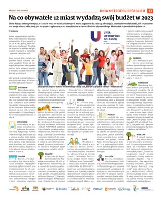 NR 1 (114) – STYCZEŃ 2023
13
Na co obywatele 12 miast wydadzą swój budżet w 2023
Skwer kipiący zielenią w miejscu, w którym teraz nie ma nic ciekawego? A może pogotowie dla zwierząt albo zajęcia z samoobrony dla kobiet? Jeśli chcesz zmie-
niać swoje miasto, oddaj swój głos na projekty zgłaszane przez mieszkańców w ramach budżetu obywatelskiego. Możesz także samodzielnie je tworzyć.
I Redakcja
Budżet obywatelski to część bu-
dżetu miasta oddana do dyspozycji
mieszkańców. W jego ramach to
oni raz w roku głosują, które pro-
jekty warto zrealizować. To jednak
nie wszystko, bo poddane pod gło-
sowanie propozycje są wymyślane
i zgłaszane także przez nich.
Masz pomysł, który mógłby się
spodobać twoim bliższym i dal-
szym sąsiadom? Wiesz, jak roz-
wiązać jakiś problem albo poprawić
komfort życia na twoim osiedlu,
w dzielnicy, w całym mieście? Po-
dziel się tym z innymi.
Jakie pomysły zostaną zrealizowa-
ne w 2023 roku dzięki BO w mia-
stach Unii Metropolii Polskich?
BIAŁYSTOK
Zielone ławki na Ryn-
ku Kościuszki, zielone przystanki,
program in vitro, nowa kanaliza-
cja deszczowa, czytelnia i biblio-
teka oraz metamorfoza szkolnej
auli i stołówki to tylko niektóre
z projektów. Głosowaniu podda-
no 180 pomysłów. Białostoczanie
postawili na 20 z nich, w tym 9
ogólnomiejskich i 11 osiedlowych.
Na ich realizację przeznaczono 12
mln zł.
BYDGOSZCZ
Głosowanie na po-
mysły mieszkańców,
zgłoszone do najnow-
szej edycji Bydgoskiego Budżetu
Obywatelskiego, zakończyło się
w połowie grudnia 2022, jednak
wyniki będą znane w drugiej po-
łowie stycznia 2023. Mieszkańcy
mieli do wyboru 447 projektów,
a te, które zdobędą największą
liczbę głosów, zostaną zrealizo-
wane za 16 mln zł.
GDAŃSK
Mieszkańcy Gdań-
ska mieli w tym roku do wybo-
ru 305 projektów. Zwyciężyło 8
propozycji ogólnomiejskich oraz
109 dzielnicowych. Na ich reali-
zację przeznaczono 22 mln zł.
Gdańszczanie głosowali na ław-
ki sensoryczne w miejskich par-
kach, dofinansowanie zabiegów
in vitro i utworzenie pogotowia
dla zwierząt. Najwięcej głosów
zdobyły projekty budowy szlaku
rowerowego wzdłuż ul. Mało-
miejskiej do Traktu św. Wojciecha
oraz propozycja zadrzewienia alei
Grunwaldzkiej w okolicy Oliwy.
KATOWICE
Katowiczanie
wybrali do realizacji 148 spośród
259 pomysłów. Zdecydowali się
na budowę nowego pawilonu dla
kotów w Miejskim Schronisku
dla Bezdomnych Zwierząt i tor
do jazdy na rowerze, hulajnodze
i rolkach PUMPTRACK na Dolinie
Trzech Stawów (projekty ogólno-
miejskie) oraz „Przerwa na edu-
kację”, zakładający dostosowanie
przestrzeni szkolnych do wypo-
czynku uczniów podczas przerw
w jednej z katowickich podsta-
wówek (projekty dzielnicowe).
Na realizację wszystkich zadań
przeznaczono ponad 20 mln zł.
KRAKÓW
W tym roku do dyspo-
zycji mieszkańców Kra-
kowa przeznaczono 38 mln zł.
W głosowaniu zadecydowali, że
w ramach BO zostanie zrealizo-
wanych 13 projektów ogólno-
miejskich (mieszkańcy wybrali
m.in. projekt „Posadźmy drzewa
na Rynku Głównym”, „Zagospo-
darowanie Bagrów-kontynuacja”
oraz „Kraków zrywa z betonem
– II edycja”) oraz 172 projekty
dzielnicowe, najczęściej związa-
ne z zielenią, ekologią i kulturą.
LUBLIN
W Lublinie decy-
zją mieszkańców do
realizacji trafi 41 pomysłów: 11
ogólnomiejskich oraz 30 dziel-
nicowych. Na ich realizację prze-
znaczono 14 mln zł. Najwięcej
głosów zdobyły projekty „O-35
Realizacja II etapu modernizacji
komunikacji pieszej i rowerowej
w wąwozie Rury” (projekt ogól-
nomiejski) i „D-49 Renowacja
zewnętrznych obiektów sporto-
wych przy SP 51” (projekt dziel-
nicowy).
ŁÓDŹ
W Łodzi do re-
alizacji w 2023
r. trafią 222 zadania osiedlo-
we oraz 16 ponadosiedlowych.
Zwycięskie projekty osiedlowe
to: „Zielony Park na Nowym
Złotnie”, „Widzewski Park Za-
baw po drugiej stronie miasta”
i „Zieleniec na ul. Świtezianki”,
a także zakup nowych książek
i audiobooków do Biblioteki Ta-
tarak oraz superzjeżdżalnia na
Stawach Jana. Spośród projektów
ogólnomiejskich najwięcej głosów
zdobyła propozycja budowy bo-
iska i skweru przy ul. Kopernika.
Łodzianie postawili także na pro-
jekty dotyczące pomagania zwie-
rzętom, opieki paliatywnej w ho-
spicjum dla dzieci, samoobrony
dla kobiet, walki ze smogiem oraz
wyposażenia szkół w dostępny
także dla mieszkańców sprzęt
rekreacyjno-sportowy. Na reali-
zację zadań przeznaczono ponad
26 mln zł.
POZNAŃ
Spośród 127 po-
mysłów mieszkańcy Poznania
wyłonili 31 (trzy ogólnomiejskie
i 28 rejonowych). Na ich reali-
zację przeznaczono 25 mln zł.
Najwięcej głosów zdobył cieszący
się od kilku lat największą sym-
patią projekt „Trener osiedlowy,
trener senioralny, trener przed-
szkolaka” oraz projekt „Zielone
Fyrtle. Niech połączą nas drze-
wa”, a w poszczególnych dziel-
nicach najwięcej głosów oddano
na przedsięwzięcia sportowo-re-
kreacyjne.
RZESZÓW
Decyzją mieszkań-
ców Rzeszowa 9 mln
zł z puli Rzeszowskiego Budże-
tu Obywatelskiego 2023 zostanie
przeznaczonych na realizację 36
spośród 107 zaproponowanych
pomysłów. W kategorii ogólno-
miejskiej najwięcej głosów odda-
no na projekt dotyczący wyposa-
żenia rzeszowskich przedszkoli
i świetlic szkół podstawowych
w klimatyzatory, w kategorii za-
dań osiedlowych zwyciężył pro-
jekt poprawy infrastruktury na
stadionie Grunwaldu Budziwój,
a w kategorii działania o charak-
terze kulturalnym, oświatowym
lub sportowym wygrał pomysł na
organizację zajęć sportowych dla
dzieci na rzeszowskich osiedlach.
SZCZECIN
Lista zwycięskich pro-
jektów szczecińskiego
budżetu obywatelskiego zostanie
dopiero ogłoszona. Mieszkańcy
miasta mieli do wyboru 153 pro-
jekty, w tym 39 ogólnomiejskich
i 114 dzielnicowych. Tegoroczna
pula to 17,5 mln zł.
WARSZAWA
Mieszkańcy War-
szawy wybrali 326 spośród 1327
zgłoszonych projektów. Na ich
realizację przeznaczono ponad
101 mln zł. Największym powo-
dzeniem cieszyły się pomysły
na nową zieleń miejską i infra-
strukturę rowerową. Najkosztow-
niejszy projekt ogólnomiejski to
„Rowerem dwukierunkowo po
całej Warszawie”, a dzielnicowy
to „Nowe drzewa, ławki i chod-
niki na Pradze-Południe”. Wśród
zwycięskich propozycji znalazły się
także: „Wymiana sprzętu na war-
szawskich SOR-ach i Izbach Przy-
jęć” i „Nie jesteś sam – pierwsza
pomoc psychologiczna dla dzieci
i młodzieży na Żoliborzu”.
WROCŁAW
W ramach najnow-
szej edycji WBO za
30 mln zł zostanie zrealizowa-
nych 7 projektów ponadosiedlo-
wych i 10 osiedlowych. Wśród
tych pierwszych najwięcej gło-
sów zdobył projekt „Zielono mi
i bezpiecznie – etap 4” , a wśród
osiedlowych „Zielony skwer im.
Kajdasza na Jagodnie - etap I”.
Ciekawostka: dwa zwycięskie
projekty osiedlowe: „Żernicki
Park Sportu i Rekreacji – etap
2022” oraz „Zielony Tarno-
gaj - #KolejnaZieleń” zdobyły
identyczną liczbę głosów: 2370.
W takiej sytuacji robi się losowa-
nie, jednak decyzją prezydenta
zrealizowane zostaną obydwa.
Zwycięstwo projektu budżetu obywatelskiego cieszy tych, którym na projekcie zależało – mieszkańców
BEARFOTOS
/
SHUTTERSTOCK
UNIA METROPOLII POLSKICH
 