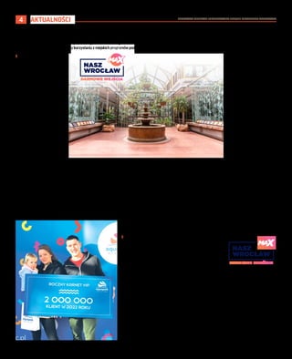 BEZPŁATNY BIULETYN INFORMACYJNY URZĘDU MIEJSKIEGO WROCŁAWIA
4 AKTUALNOŚCI
W przedostatni dzień 2022 roku aquapark odwiedził dwumilionowy gość. Jeszcze nigdy w historii
nie było takiej frekwencji. Wrocławianie pokazali, że lubią obiekty na Borowskiej i Brochowie.
I Tomasz Wysocki
Wrocławski aquapark przy ul.
Borowskiej w środę, 30 grud-
nia, o godz. 10.07 odwiedził
pan Adam z żoną i córeczką.
Podszedł do kasy i… rozległ się
alarm, a na niego i rodzinę spa-
dło konfetti.
– System kasowy we wszystkich
obiektach jest połączony telein-
formatycznie. Stąd dokładnie
wiemy nie tylko, jaka jest fre-
kwencja, ale także, kiedy gości
jest więcej, a kiedy mamy rezer-
wy – opowiada Aneta Rawecka,
szefowa marketingu Wrocław-
skiego Parku Wodnego. – W po-
łowie tygodnia wyszło ze sta-
tystyk, że w piątek albo nawet
w Sylwestra pojawi się u nas
dwumilionowy gość. Byliśmy
też przygotowani na Brochowie.
Ale okazało się, że chwilę po
godzinie 10 na Borowskiej od-
wiedził nas pan Adam. I to wła-
śnie on okazał się tym ważnym
gościem.
Adam Ratajczak to nauczyciel
wychowania fizycznego, miesz-
kaniec Wrocławia. Przyszedł
z żoną, która jest stewardesą,
oraz z dwuletnią córeczką, która
uczy się pływać. – Bardzo lubi-
my spędzać czas w aquaparku,
podoba nam się różnorodność
atrakcji. Teraz, odkąd mamy
córeczkę, korzystamy głównie
z atrakcji dla maluchów: basenu
z ciepłą wodą, brodzika ze zjeż-
dżalnią czy pluskających fon-
tann – mówi szczęśliwy zwy-
cięzca.
Do aquaparku przychodzą od
lat, a teraz będą tu regularnie,
bo pan Adam otrzymał roczny
karnet VIP na wszystkie strefy
Wrocławskiego Parku Wodnego,
torbę prezentów i wejściów-
ki dla żony i córeczki. W swo-
jej niemal 15-letniej historii
Wrocławski Park Wodny po raz
pierwszy przebił granicę dwóch
milionów odwiedzających, ob-
służonych w ciągu jednego roku.
Wpływ na to miały inwestycje
przeprowadzone w 2022 roku.
W połowie roku udostępniono
nowy park saunowy na ul. Bo-
rowskiej, ale przede wszystkim
otwarto nowy obiekt przy ul.
Polnej na wrocławskim Brocho-
wie, który miesięcznie odwie-
dza średnio 23 tysiące osób.
Ponad 2 miliony gości w aquaparku w 2022 roku
Od1stycznia2023trzebazapłacićwięcejzawstępdowrocławskiegozoo.Podrożałybiletynormalneiulgowe–o10złotychkażdy.Wrocławianienadalmogąwejśćdozoo
na preferencyjnych warunkach i przy korzystaniu z miejskich programów podwyżki ich ominą.
I Robert Migdał
Od tego roku za bilet do zoo dla
osoby dorosłej trzeba zapłacić 70
zł, a za bilet ulgowy 60 zł. Cena ta
dotyczyć będzie głównie turystów
odwiedzających zoo raz w roku.
Podwyżki nie dotkną mieszkań-
ców, którzy są zarejestrowani
w programie Nasz Wrocław lub
Nasz Wrocław MAX.
- Jako duża instytucja dotkliwie
odczuwamy obecne uwarunkowania
ekonomiczne, gdyż dbamy o do-
brostan około 10 tysięcy zwierząt
niemal 1200 gatunków, a więc je-
steśmy pod tym względem jednym
z największych zoo na świecie. Od
stycznia ceny biletów normalnych
i ulgowych wzrosną o 10 zł, ale co
istotne – ceny kart rocznych po-
zostaną bez zmian - informuje
Agnieszka Korzeniowska z wro-
cławskiego ogrodu zoologicznego.
- Wrocławianie nadal będą mogli
wchodzić do zoo na bardzo prefe-
rencyjnych warunkach, a płatnicy
podatków, którzy rozliczają PIT we
Wrocławiu, korzystać z programu
Nasz Wrocław i Nasz Wrocław
MAX - dodaje.
Dla mieszkańców taniej
i za darmo
Każdy wrocławianin posiadający
aktywny status podatnika w pro-
gramie Nasz Wrocław za bilet nor-
malny zapłaci 30 zł, a za ulgowy
20. Ponadto osoby zameldowane,
które mają status MAX, za kartę
roczną do zoo zapłacą tyle, ile tu-
rysta za bilet ulgowy, czyli 60 zł.
Dodatkowo z Nasz Wrocław moż-
na wrocławskie zoo odwiedzić raz
w roku całkiem za darmo. Aktyw-
ny status MAX uprawnia do do-
datkowego darmowego biletu dla
osoby towarzyszącej.
Jak dołączyć?
Aby zapisać się do programu Nasz
Wrocław, wystarczy zarejestro-
wać się na stronie www.wroclaw.
pl/nasz-wroclaw, podając: imię,
nazwisko, PESEL i adres e-mail.
A następnie aktywować status po-
datnika, potwierdzając rozliczenie
podatku za ubiegły rok we Wro-
cławiu, wpisując numer UPO.Sta-
tus Nasz Wrocław MAX uzyskamy,
podając informacje o zameldowa-
niu we Wrocławiu.
Nowe inwestycje
W zoo cały czas prowadzone są in-
westycje. Niebawem będzie można
podziwiać dzioborożce karbodziobe
w zupełnie nowym pawilonie
w starej części zoo. Wyremonto-
wano także XIX-wieczny budynek
przy Terrarium, który posłuży za
gabinet weterynaryjny. W przy-
szłym roku Ptaszarnia zyska trasę
spacerową wokół pawilonu. Ogło-
szono także przetarg na zimowisko
dla flamingów. We wrocławskim
zoo podczas ostatnich 15 lat prze-
prowadzono ponad 170 inwestycji.
Zoo jest instytucją utrzymującą
się samodzielnie, czym różni się
od większości polskich ogrodów
zoologicznych. Koszty utrzymania
zoo mogą wzrosnąć w 2023 roku
aż o 18 mln zł. Podwyżki są zatem
konieczne.
W zoo podwyżki biletów, ale nie dla mieszkańców
WyremontowanaPtaszarniazyskatrasęspacerową,gdzieptakibędąfruwałynadgłowamizwiedzających
ZOO
WROCŁAW
AQUAPARK
WROCŁAW
Szczęśliwy dwumilionowy zwycięzca Adam Ratajczak z żoną i córką
 