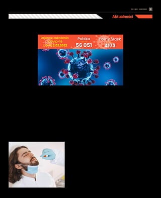 NR 5 (71) – LUTY 2022
#BądźBezpiecznyWeWrocławiu 3
Jesteś już w pełni zaszczepiony przeciw koronawirusowi lub przyjąłeś dawkę przypominającą? Od 1 lutego twój Unijny
Certyfikat Covid nie jest ważny już rok, a 270 dni. Data ważności jest liczona od ostatniego szczepienia.
Przypomnijmy, że Unijny Certy-
fikat COVID ma ułatwić swobodne
podróżowanie obywatelom Unii
Europejskiej podczas pandemii.
Jest on elektronicznym dowodem
na to, że zostaliśmy zaszczepieni
przeciwko COVID-19, przebyli-
śmy chorobę, mamy negatywny
wynik testu.
UCC możesz pobrać po zalo-
gowaniu na Internetowe Konto
Pacjenta (IKP) lub mieć je stale
przy sobie w aplikacji mojeIKP.
Jeśli nie masz dostępu do inter-
netu i nie posiadasz aplikacji na
swoim telefonie, możesz udać się
do właściwego punktu szczepień,
gdzie poproś o wydrukowanie
certyfikatu. Wybierając się za
granicę warto się upewnić, czy
dany kraj oprócz niego nie wy-
maga pokazania aktualnego wy-
niku testu.
Zmiany od 1 lutego
Do końca stycznia br. po za-
szczepieniu pełnym cyklem,
przyjęciu dawki przypominają-
cej lub dawki dodatkowej twój
UCC był ważny rok. Od 1 lutego
2022 r. ważność certyfikatu zo-
stała skrócona. Teraz wynosi 270
dni. Data ważności jest liczona od
ostatniego szczepienia.
Pamiętaj, że w przypadku przy-
jęcia dawki przypominającej,
ważność certyfikatu również
zostanie skrócona do 270 dni.
Dawka przypominająca poda-
wana jest, kiedy jesteś w peł-
ni zaszczepiony (po przyjęciu
dwóch dawek szczepionki lub
jednej dawki JJ). Dzięki niej
poprawisz, utrwalisz i przedłu-
żysz ochronę przeciw COVID-19.
Masz obniżoną odporność? Mo-
żesz przyjąć dawkę uzupełniają-
cą szczepienia już po 28 dniach.
Zaszczepione mogą być osoby,
u których odpowiedź immunolo-
giczna na szczepienie mogła być
niewystarczająca. W tym przy-
padku od 1.02. ważność twojego
certyfikatu także została skróco-
na do 270 dni od daty szczepie-
nia dawką dodatkową.
Szczepienieprzypominające
dla nastolatków
Od 28 stycznia nastolatki w wie-
ku 12-15 lat mogą zaszczepić
się dawką przypominającą po
5 miesiącach od pełnego za-
szczepienia się. E-skierowanie
na dawkę przypominającą znaj-
dziesz na Internetowym Koncie
Pacjenta twojego dziecka oraz
w aplikacji mojeIKP. Nastolatki
otrzymają szczepionkę Comir-
naty (Pfizer). Umówisz dziecko
na wizytę m.in. dzwoniąc na
bezpłatną infolinię Narodowego
Programu Szczepień: 989.
Redakcja
Aktualności
Unijny certyfikat COVID ważny 9 miesięcy SZCZEPCIObus na
pl. Solnym 6.02
Nie potrafisz zalogować się do
konta pacjenta w internecie,
nie masz czasu w tygodniu
zarejestrować się do przy-
chodni, a myślisz o szczepie-
niu przeciw COVID-19? Weź
dowód osobisty lub paszport
i wybierz się w niedzielę na
spacer do Rynku. W godzi-
nach 12-20 na pl. Solnym
będzie stał wyraźnie oznako-
wany autobus MPK z napisem
„SZCZEPCIObus” na wyświe-
tlaczu. Będą tam szczepili
preparatem JohnsonJohnson,
a także Pfizer-BioNTech.
Złóż wniosek
500+, ale w ZUS
Wnioski o wypłatę pieniędzy
w ramach programu „Rodzina
500+” można już składać na
kolejny okres świadczeniowy
– od 1 czerwca 2022 r. do 31
maja 2023 r. Są przyjmowane
od 1 lutego br., jednak w tym
roku przez Zakład Ubezpieczeń
Społecznych i wyłącznie drogą
elektroniczną.
W tym roku wnioski o przy-
znanie 500 + można przesy-
łać tylko drogą elektroniczną
przez Platformę Usług Elek-
tronicznych (PUE) ZUS. Gdy
na tej platformie pojawi się
ważna informacja dotycząca
świadczenia, rodzice otrzy-
mają powiadomienie mejlem
lub SMS-em.
Urzędnicy
doręczą decyzje
podatkowe
Od 4 lutego do 1 marca br.
pracownicy Urzędu Miejskie-
go Wrocławia będą doręczać
mieszkańcom decyzje ws. wy-
miaru podatku od nierucho-
mości oraz podatku rolnego
i leśnego. Decyzje podatkowe
będą doręczane za zwrotnym
potwierdzeniem odbioru pod
wskazane przez podatników
adresy korespondencyjne.
W związku z aktualną sytuacją
epidemiologiczną akcja dorę-
czania decyzji prowadzona
będzie w pełnym reżimie sa-
nitarnym, z zachowaniem od-
powiednich środków ochrony.
Test antygenowy zrobią ci teraz w aptece
Czujesz się przeziębiony albo podejrzewasz, że masz koronawirusa, bo miałeś kontakt z osobą zarażoną? Bez zapisów
i bezpłatnie na wymaz z nosa możesz pójść do apteki. Ale uwaga! Lepiej wcześniej do niej zatelefonować.
Na razie w programie są cztery
wrocławskie apteki: ◼ Apteka Me-
dicover, ul. Strzegomska 36, tel.
668 182 726, ◼ Apteka Wratislavia,
ul. Sztabowa 76, tel. 71 783 49 31, ◼
Apteka Mniszek, ul. Krzycka 90c,
tel. 71 339 74 07, ◼ Apteka Cztery
Pory Roku, ul. Komuny Paryskiej
79, tel. 71 341 53 70.
W Czterech Porach Roku przy ul.
Komuny Paryskiej wymaz będzie
możliwy 9 lub 10 lutego. – Czeka-
my jeszcze na testy – usłyszeliśmy
w aptece. W Mniszku przy Krzyc-
kiej testują na zmianę ze szcze-
pieniami. – Najlepiej zadzwonić
zaraz po ósmej rano, żeby dowie-
dzieć się, kiedy można przyjść na
wymaz – tłumaczy pracujący tam
farmaceuta. Wynik swojego testu
zobaczysz na Internetowym Kon-
cie Pacjenta i w aplikacji mojeIKP.
W przypadku negatywnego wy-
niku, otrzymasz Unijny Certyfi-
kat COVID (ważny 48 h). Po do-
datnim wyniku testu zostaniesz
skierowany na izolację domową.
Po 10 dniach otrzymasz Krajo-
wy Certyfikat COVID, świadczący
o ozdrowieniu. Będzie on hono-
rowany tylko w Polsce.
Szybki test antygenowy mo-
żesz wykonać także w punktach
wymazowych w przychodniach
i szpitalach.
Redakcja
FREEPIK.COM
Gdzie zrobić test? Wyszukaj na: l.wroclaw.pl/punkt-wymazowy
FREEPIK.COM
Polska
56 051
Dolny Śląsk
4173
Dzienne zakażenia
COVID-19
z dnia 2.02.2022
 
