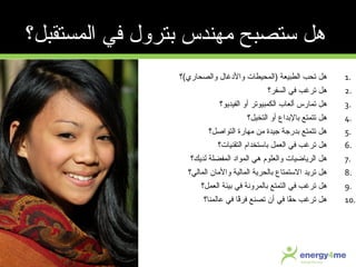 1.‫والصحاري(؟‬ ‫والدغال‬ ‫)المحيطات‬ ‫الطبيعة‬ ‫تحب‬ ‫هل‬
2.‫السفر؟‬ ‫في‬ ‫ترغب‬ ‫هل‬
3.‫الفيديو؟‬ ‫أو‬ ‫الكمبيوتر‬ ‫ألعاب‬ ‫تمارس‬ ‫هل‬
4.‫التخيل؟‬ ‫أو‬ ‫بالبداع‬ ‫تتمتع‬ ‫هل‬
5.‫التواصل؟‬ ‫مهارة‬ ‫من‬ ‫جيدة‬ ‫بدرجة‬ ‫تتمتع‬ ‫هل‬
6.‫التقنيات؟‬ ‫باستخدام‬ ‫العمل‬ ‫في‬ ‫ترغب‬ ‫هل‬
7.‫لديك؟‬ ‫المفضلة‬ ‫المواد‬ ‫هي‬ ‫والعلوم‬ ‫الرياضيات‬ ‫هل‬
8.‫المالي؟‬ ‫والمان‬ ‫المالية‬ ‫بالحرية‬ ‫الستمتاع‬ ‫تريد‬ ‫هل‬
9.‫العمل؟‬ ‫بيئة‬ ‫في‬ ‫بالمرونة‬ ‫التمتع‬ ‫في‬ ‫ترغب‬ ‫هل‬
10.‫معالمنا؟‬ ‫في‬ ‫قا‬ً‫ا‬‫فر‬ ‫تصنع‬ ‫أن‬ ‫في‬ ‫قا‬ً‫ا‬‫ح‬ ‫ترغب‬ ‫هل‬
‫المستقبل؟‬ ‫في‬ ‫بترول‬ ‫مهندس‬ ‫ستصبح‬ ‫هل‬
 