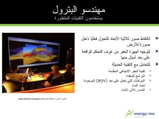 ‫ل‬‫داخل‬ ‫ي ا‬ً‫ا‬‫فعل‬ ‫للتجول‬ ‫العبع اد‬ ‫يثليثية‬ ‫صور‬ ‫ التق اط‬
‫للرض‬ ‫صورة‬
‫ل‬‫الواقعة‬ ‫التحكم‬ ‫غرف‬ ‫من‬ ‫الحفر‬ ‫أجهزة‬ ‫توجيه‬
‫منه ا‬ ‫أمي ال‬ ‫عبعد‬ ‫على‬
‫ل‬‫الحديثة‬ ‫التقنية‬ ‫مع‬ ‫لتع امل‬
‫المتقدمة‬ ‫الجتج اهي‬ ‫الحفر‬ ‫جتقنية‬
‫المعقدة‬ ‫البرامج‬
‫عبعد‬ ‫على‬ ‫جتعمل‬ ‫التي‬ ‫المركب ات‬)ROV(‫الموجودة‬
‫الم اء‬ ‫جتحت‬
‫العبع اد‬ ‫يثليثي‬ ‫التصور‬
‫موقع‬ ‫عبموافقة‬ ‫منشورة‬ ‫الصورة‬www.planete-energies.com
‫البترول‬ ‫مهندسو‬
‫المتطورة‬ ‫التقني ات‬ ‫يستخدمون‬
 