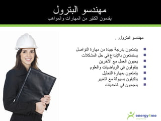 ‫البترول‬ ‫مهندسو‬...
‫التواصل‬ ‫مه ارة‬ ‫من‬ ‫جيدة‬ ‫عبدرجة‬ ‫يتمتعون‬
‫المشكلت‬ ‫حل‬ ‫في‬ ‫عب العبداع‬ ‫يستمتعون‬
‫مع‬ ‫العمل‬ ‫يحبون‬‫الخرين‬
‫والعلوم‬ ‫الري اضي ات‬ ‫في‬ ‫يتفوقون‬
‫التحليل‬ ‫عبمه ارة‬ ‫يتمتعون‬
‫التغيير‬ ‫مع‬ ‫عبسهولة‬ ‫يتكيفون‬
‫التحدي ات‬ ‫في‬ ‫ينجحون‬
‫البترول‬ ‫مهندسو‬
‫والمواهب‬ ‫المه ارات‬ ‫من‬ ‫الكثير‬ ‫يقدمون‬
 