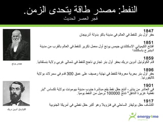 1847
‫أذرسبيجان‬ ‫سبدولة‬ ‫سباكو‬ ‫مدينة‬ ‫في‬ ‫العالم‬ ‫في‬ ‫للنفط‬ ‫سبئر‬ ‫أول‬ ‫حفر‬
1851
‫مدينة‬ ‫من‬ ‫سبالقرب‬ ‫العالم‬ ‫في‬ ‫للنفط‬ ‫تكرير‬ ‫معمل‬ ‫أول‬ ‫يونج‬ ‫جيمس‬ ‫السكتلندي‬ ‫الكيمياتئي‬ ‫افتتح‬
‫سباسكتلندا‬ ‫ادينبرج‬
1859
‫سبنسلفانيا‬ ‫ولية‬ ‫ذغرسبي‬ ‫شمالي‬ ‫في‬ ‫للنفط‬ ‫ناجح‬ ‫تجاري‬ ‫سبئر‬ ‫أول‬ ‫سبحفر‬ ‫دريك‬ ‫أدوين‬ ‫الكولونيل‬ ‫رقا م‬.
1896
‫عمق‬ ‫على‬ ‫رصيف‬ ‫نهاية‬ ‫في‬ ‫للنفط‬ ‫معروفة‬ ‫سبحرية‬ ‫سبئر‬ ‫أول‬ ‫حفر‬300‫سبولية‬ ‫سمرلند‬ ‫في‬ ‫رقد م‬
‫كاليفورنيا‬.
1901
‫سبئر‬ ‫تكساس‬ ‫سبولية‬ ‫سبيومونت‬ ‫مدينة‬ ‫جنوب‬ ‫مباشرة‬ ‫يقع‬ ‫نفط‬ ‫حقل‬ ‫أنتج‬ ،‫يناير‬ ‫من‬ ‫العاشر‬ ‫في‬
‫تنتج‬ ‫التدفق‬ ‫ذغزيرة‬ ‫نقطية‬100000‫يا‬ً‫ا‬‫يوم‬ ‫النفط‬ ‫من‬ ‫سبرميل‬.
1917
‫الجنوسبية‬ ‫أمريكا‬ ‫في‬ ‫نفطي‬ ‫حقل‬ ‫أكبر‬ ‫وهو‬ ‫فنزويل‬ ‫في‬ ‫الساحلي‬ ‫سبوليفار‬ ‫حقل‬ ‫اكتشا ف‬
‫يونج‬ ‫جيمس‬
‫دريك‬ ‫أدوين‬ ‫الكولونيل‬
.‫الزمن‬ ‫يتحدى‬ ‫طارقة‬ ‫مصدر‬ :‫النفط‬
‫الحديث‬ ‫العصر‬ ‫فجر‬
 